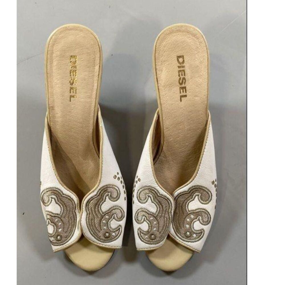 Vintage Y2K Diesel White Leather Embroidered Western Mules - Size 5